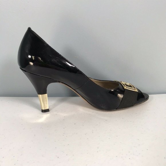 ISOLA Women's Peep Toe Black Patent Leather 3.5" Heels Size 10 Black Gold Trim - Picture 1 of 12